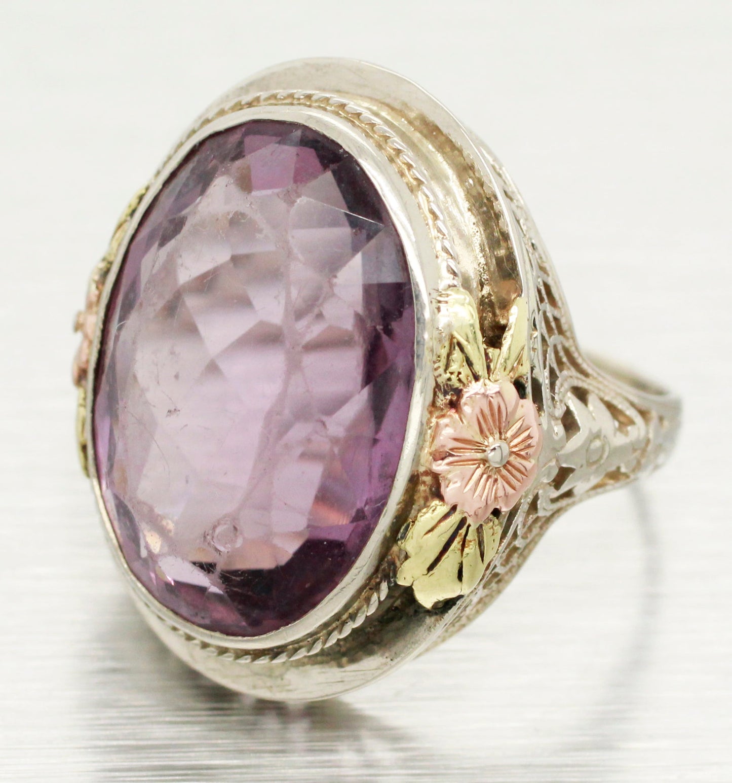 Antique Art Deco Amethyst Cocktail Ring | 14k Tri-Tone Gold Flower Filigree