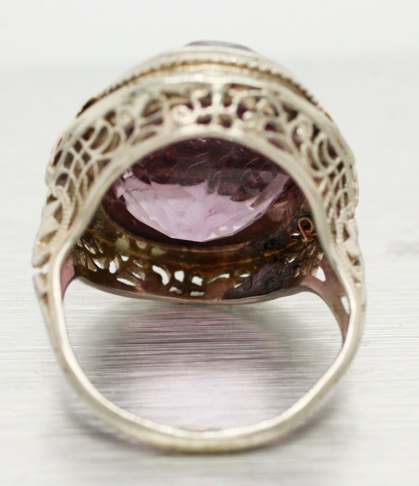 Antique Art Deco Amethyst Cocktail Ring | 14k Tri-Tone Gold Flower Filigree