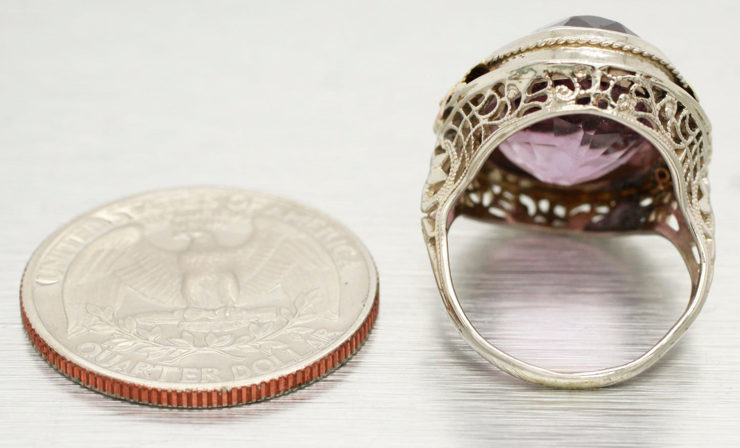 Antique Art Deco Amethyst Cocktail Ring | 14k Tri-Tone Gold Flower Filigree