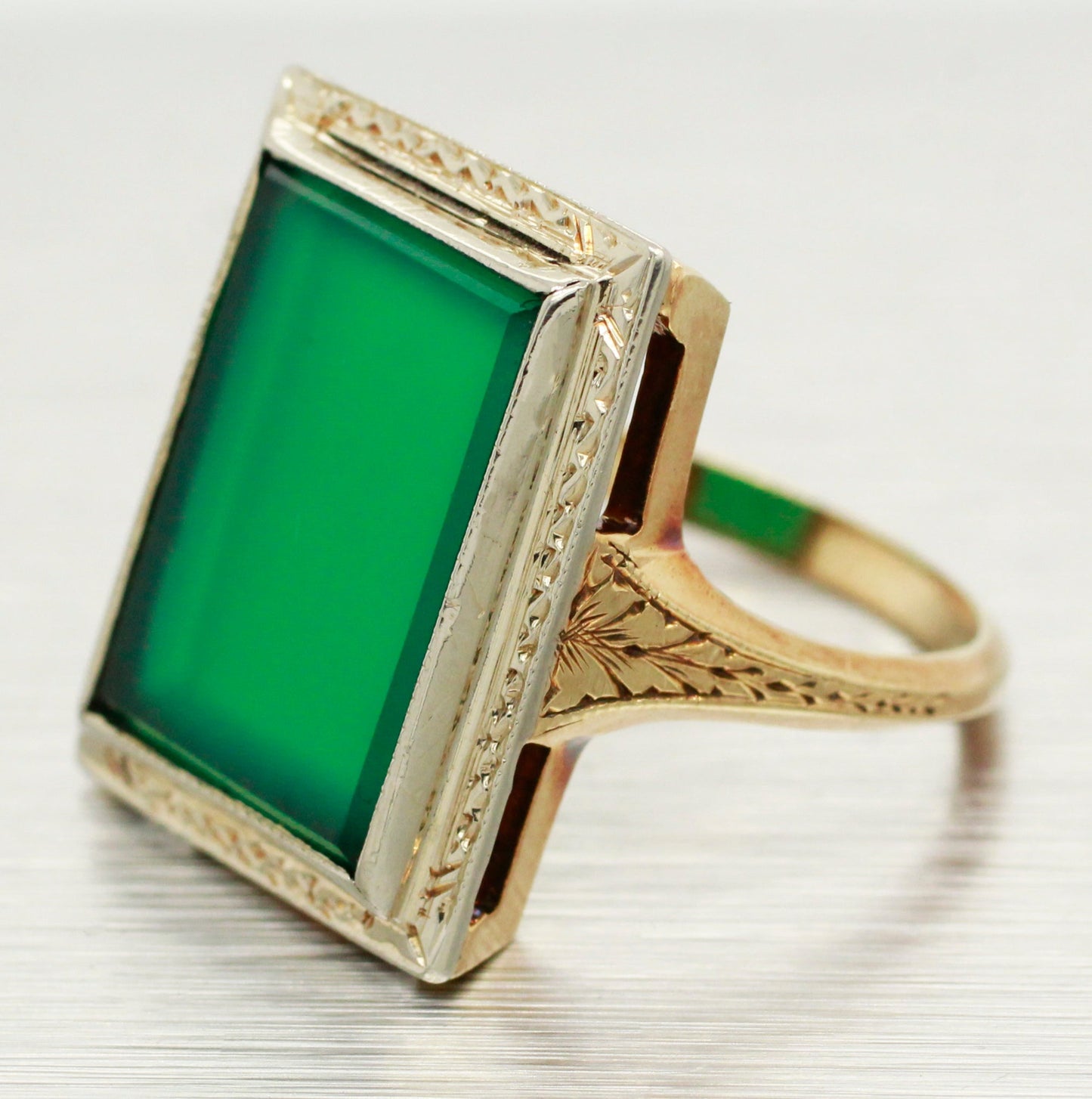 Antique Art Deco Foliage Rectangular Emerald Ring - 14k Yellow & White Gold