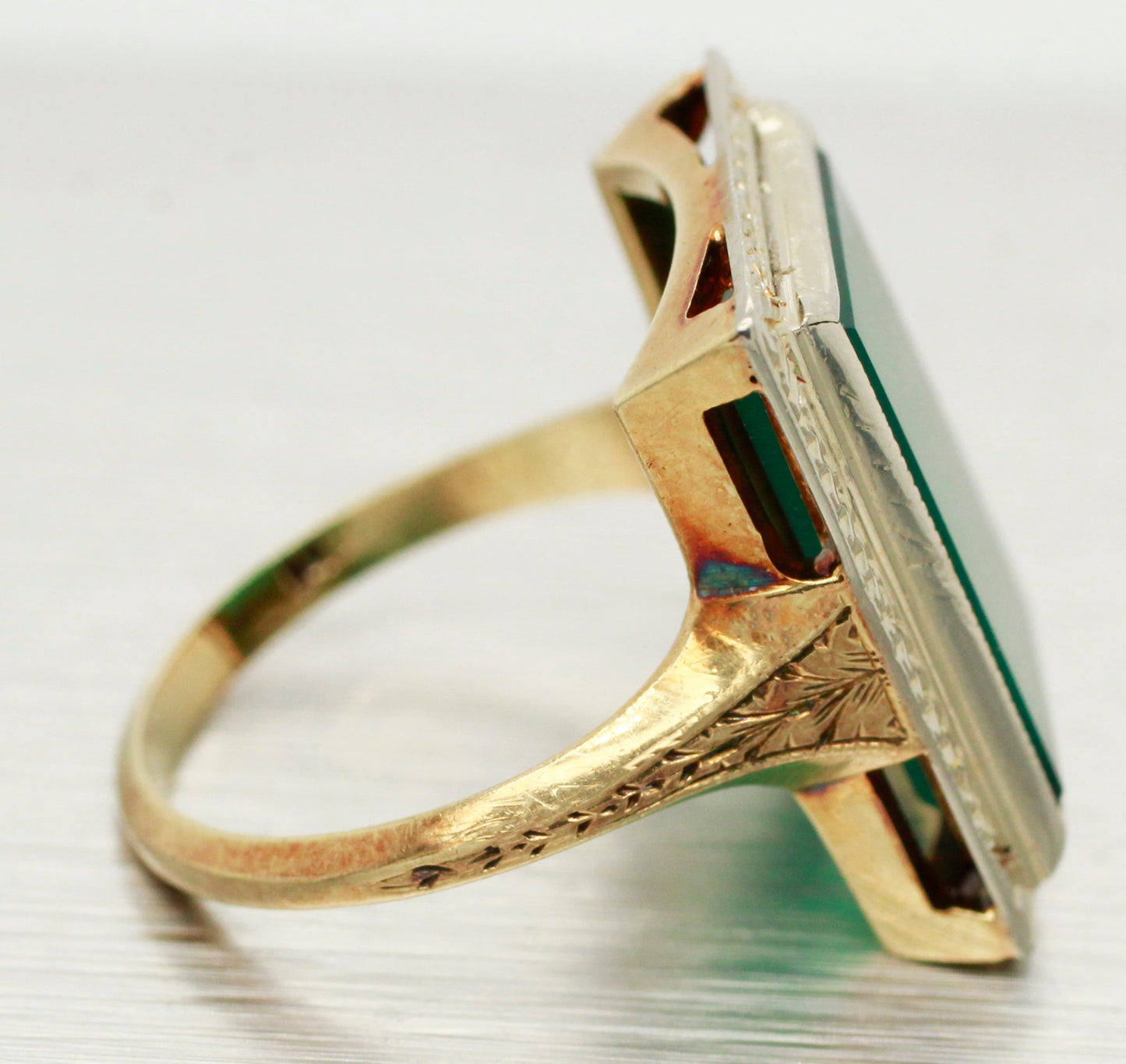 Antique Art Deco Foliage Rectangular Emerald Ring - 14k Yellow & White Gold