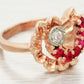 Antique Art Deco 0.50ctw Ruby & Diamond Floral Cocktail Ring - 14k Rose Gold