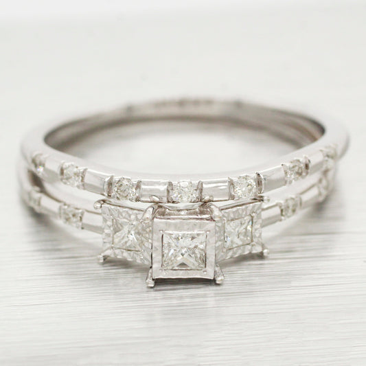 Vintage 0.65ctw Diamond Wedding Ring Bridal Set - 14k White Gold Band & Ring