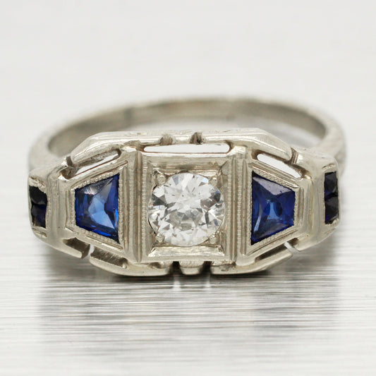Antique Art Deco 0.30ct Diamond & Sapphire Band Ring - 18k White Gold