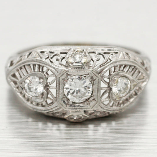 Antique Art Deco 0.40ctw Diamond Three Stone Band Ring - 18k White Gold