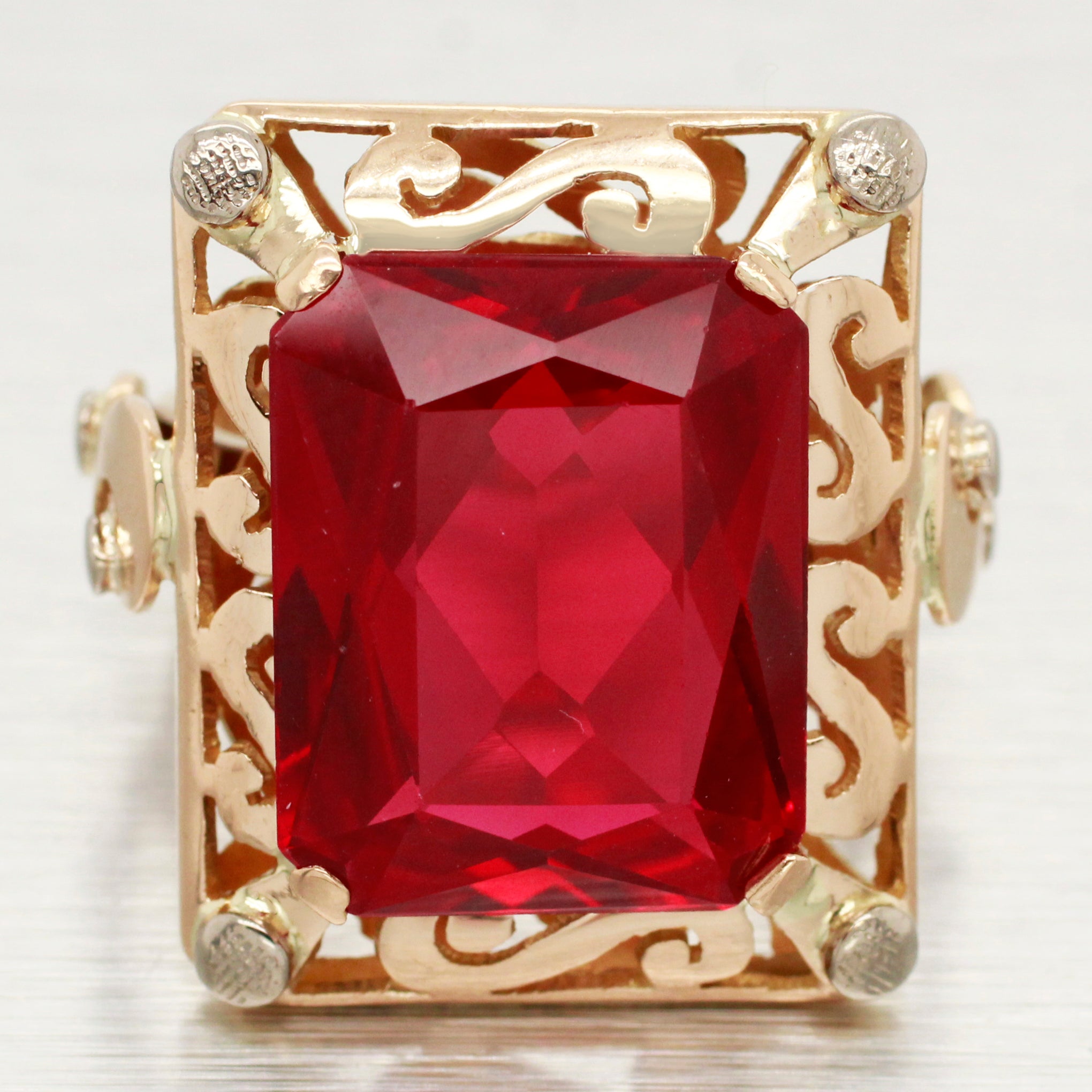 Antique Art Nouveau 14ct Rectangle Ruby Cocktail Ring - 18k Yellow Gol ...