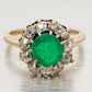 Antique Art Deco 1ct Emerald & Diamond Halo Cocktail Ring - 14k Yellow Gold