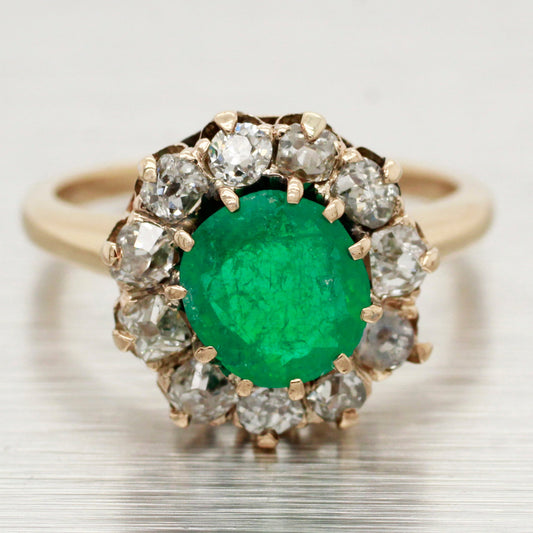 Antique Art Deco 1ct Emerald & Diamond Halo Cocktail Ring - 14k Yellow Gold