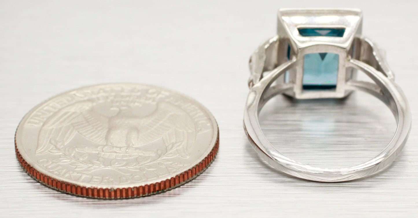 Vintage 4.5ct Blue Quartz Solitaire Cocktail Ring - 14k White Gold - Size 6
