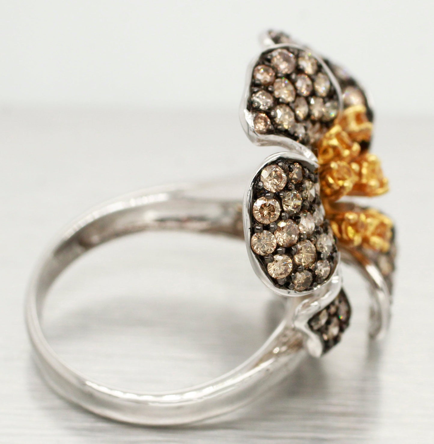Samuel Benham Citrine & Champagne Diamond Flower Ring - 14k White Gold