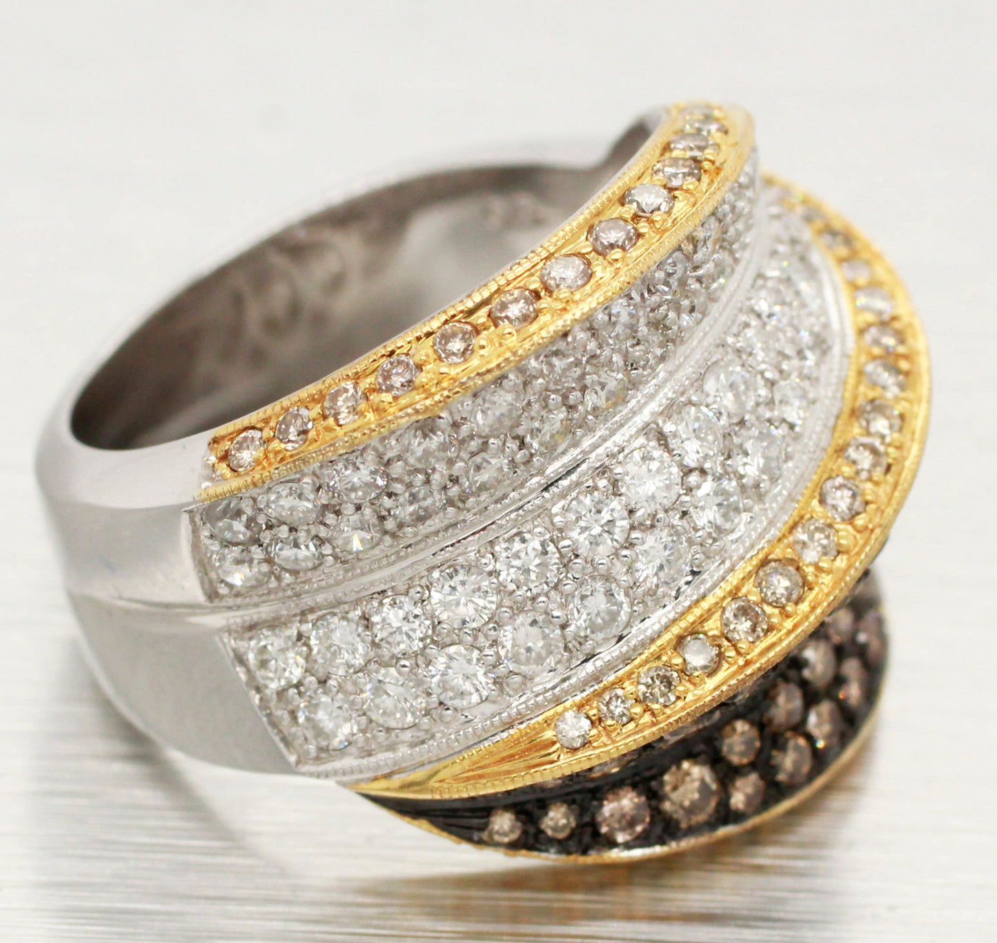 Modern Two-Tone Brown Champagne & White Diamond Cocktail Ring - 18k Yellow/White Gold Band