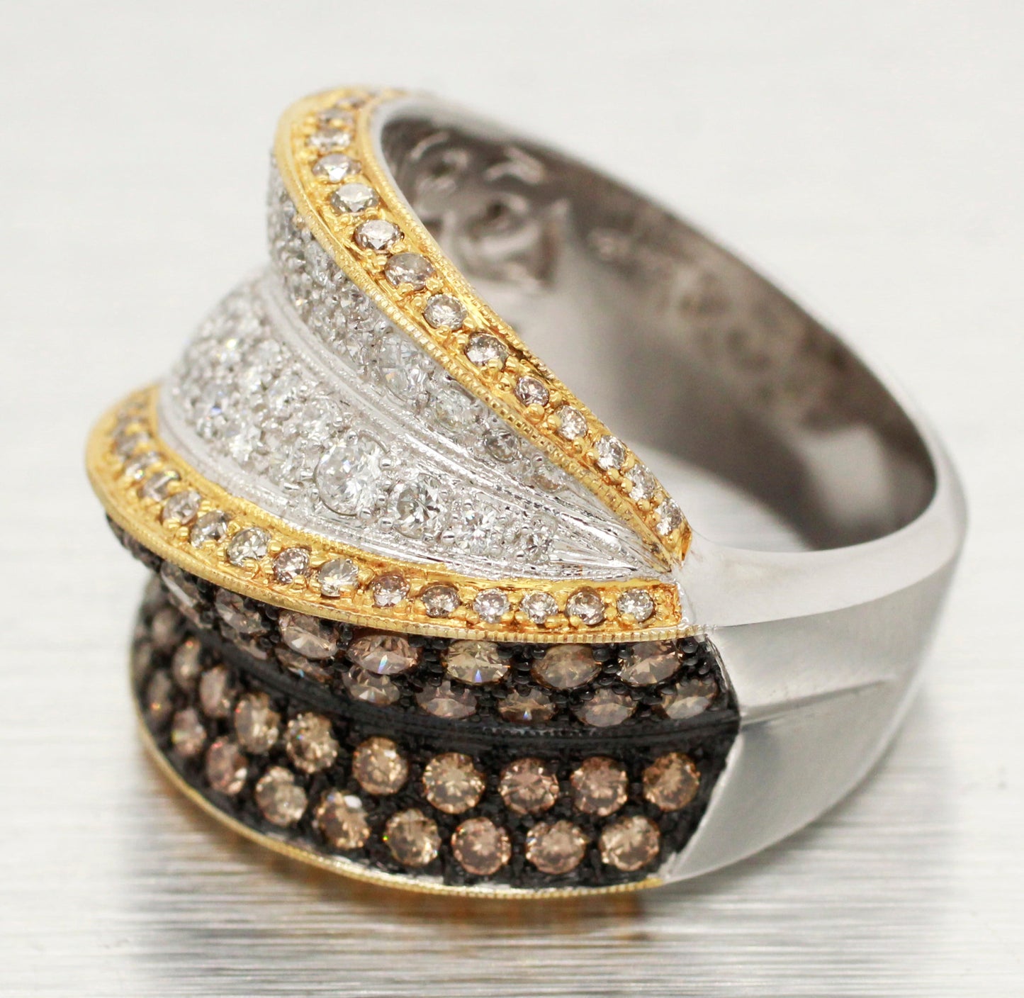 Modern Two-Tone Brown Champagne & White Diamond Cocktail Ring - 18k Yellow/White Gold Band
