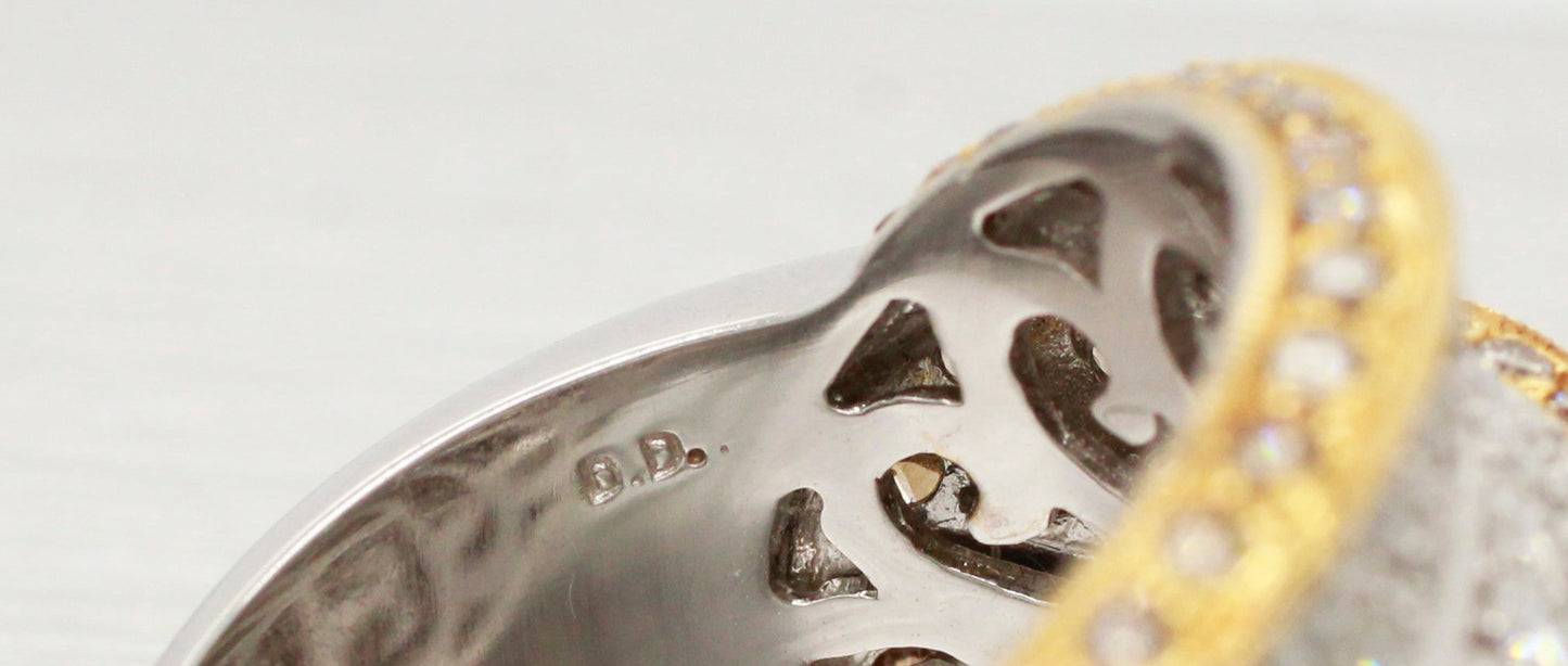 Modern Two-Tone Brown Champagne & White Diamond Cocktail Ring - 18k Yellow/White Gold Band