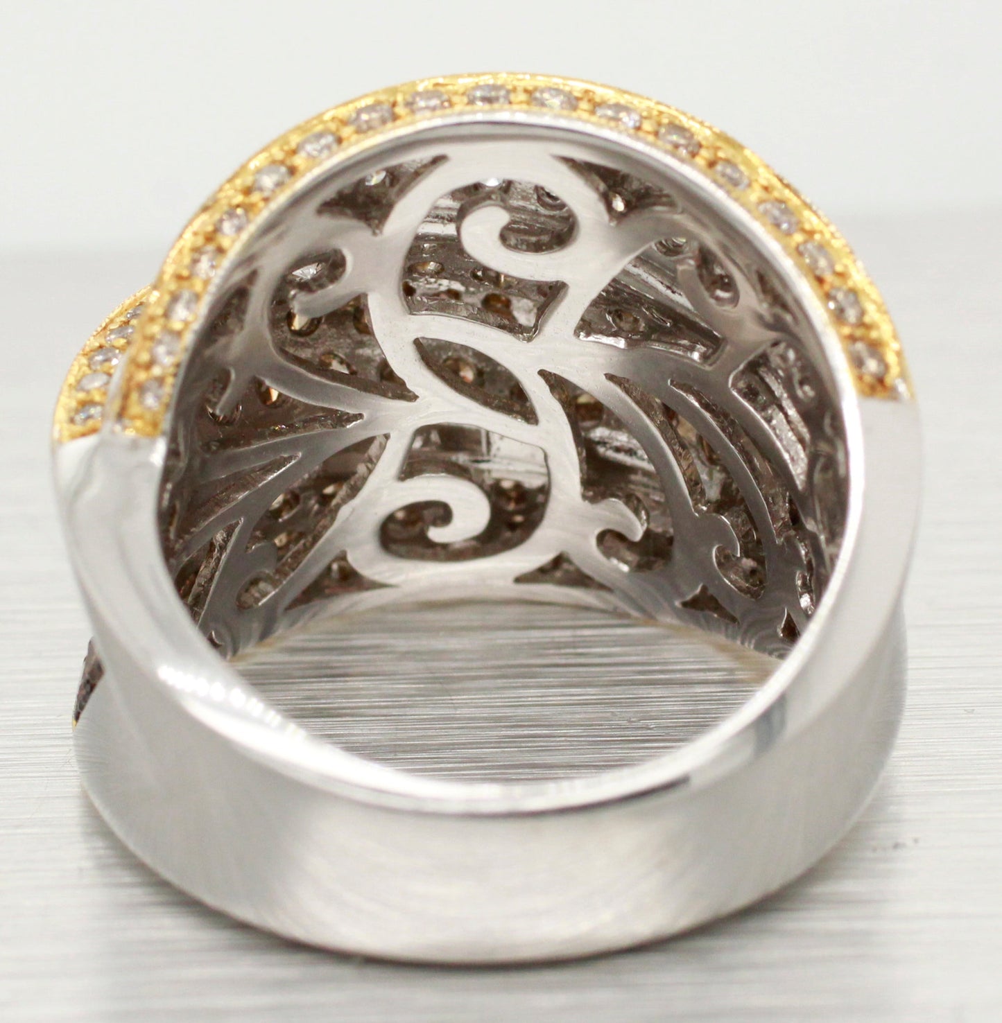 Modern Two-Tone Brown Champagne & White Diamond Cocktail Ring - 18k Yellow/White Gold Band