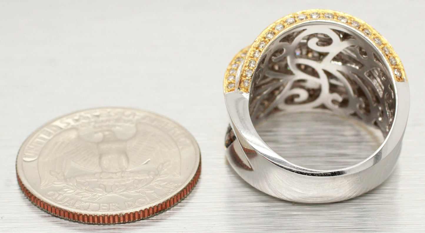 Modern Two-Tone Brown Champagne & White Diamond Cocktail Ring - 18k Yellow/White Gold Band