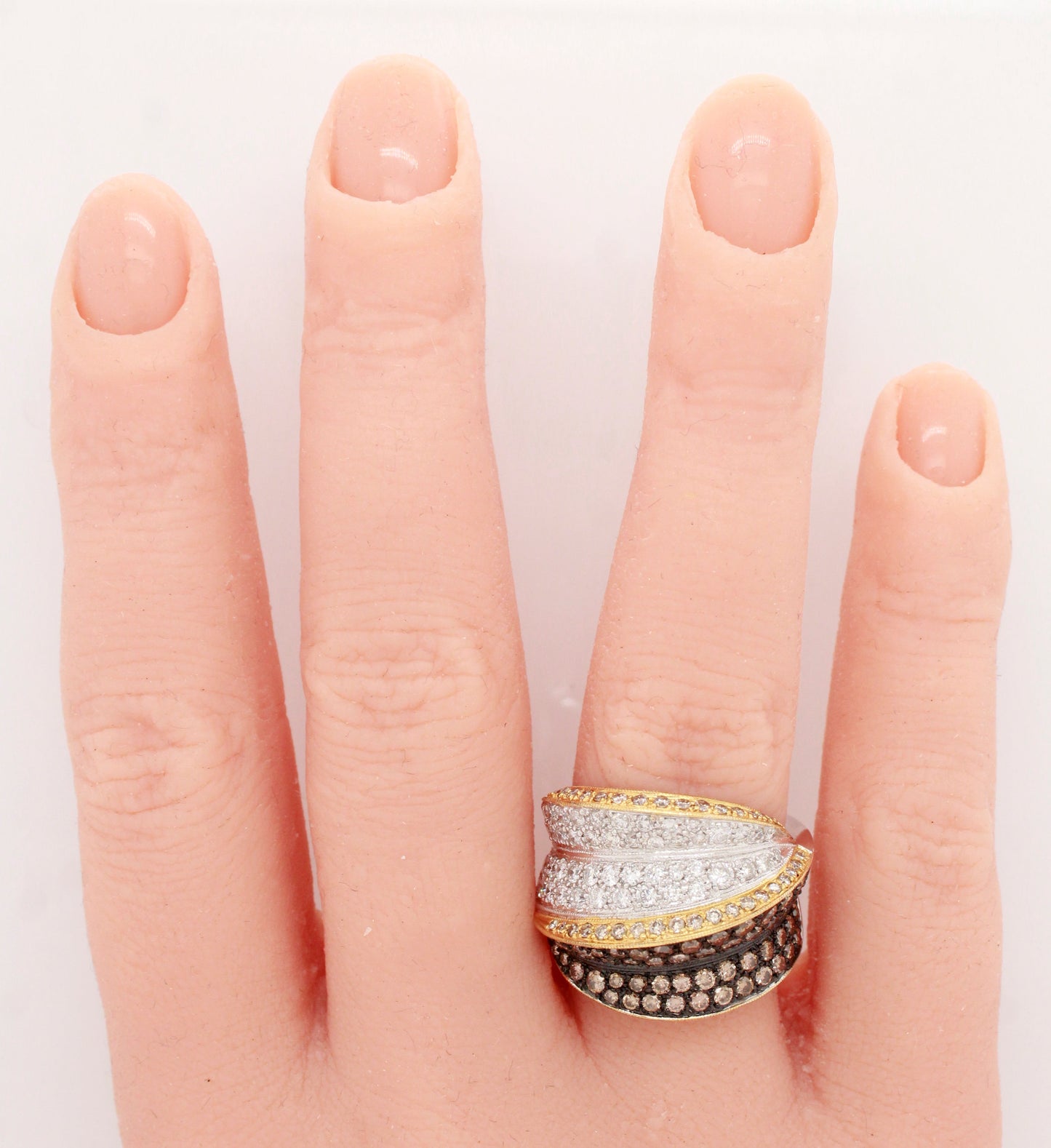 Modern Two-Tone Brown Champagne & White Diamond Cocktail Ring - 18k Yellow/White Gold Band