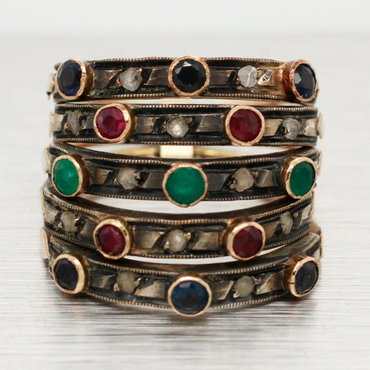 Antique Art Nouveau Ruby Sapphire & Emerald Harem Ring | 14k Yellow Gold