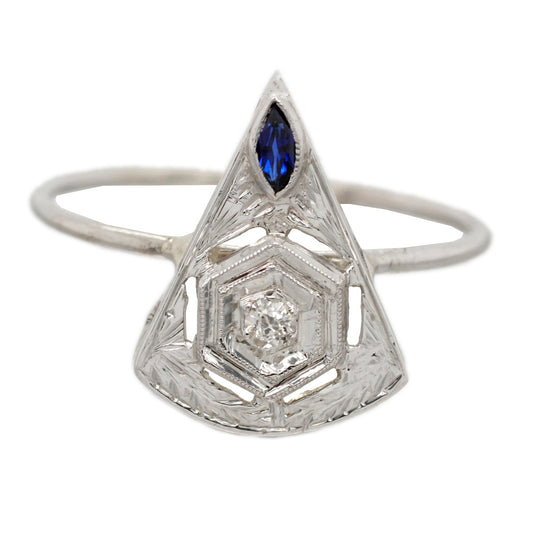Antique Art Deco Diamond/Sapphire Triangle Pin Conversion Ring - 14k White Gold