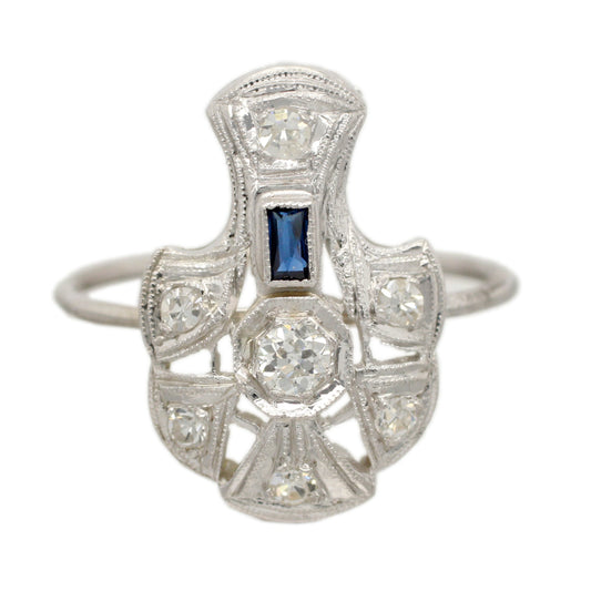 Antique Art Deco 0.40ctw Diamond & Sapphire Pin Conversion Ring - 14k White Gold