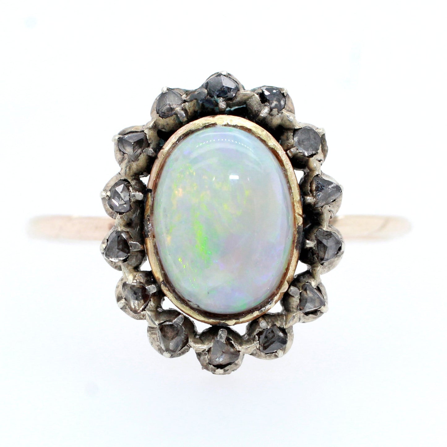 Antique Art Nouveau 0.75ct Precious Opal & Diamond Pin Conversion Ring 14k Yellow Gold