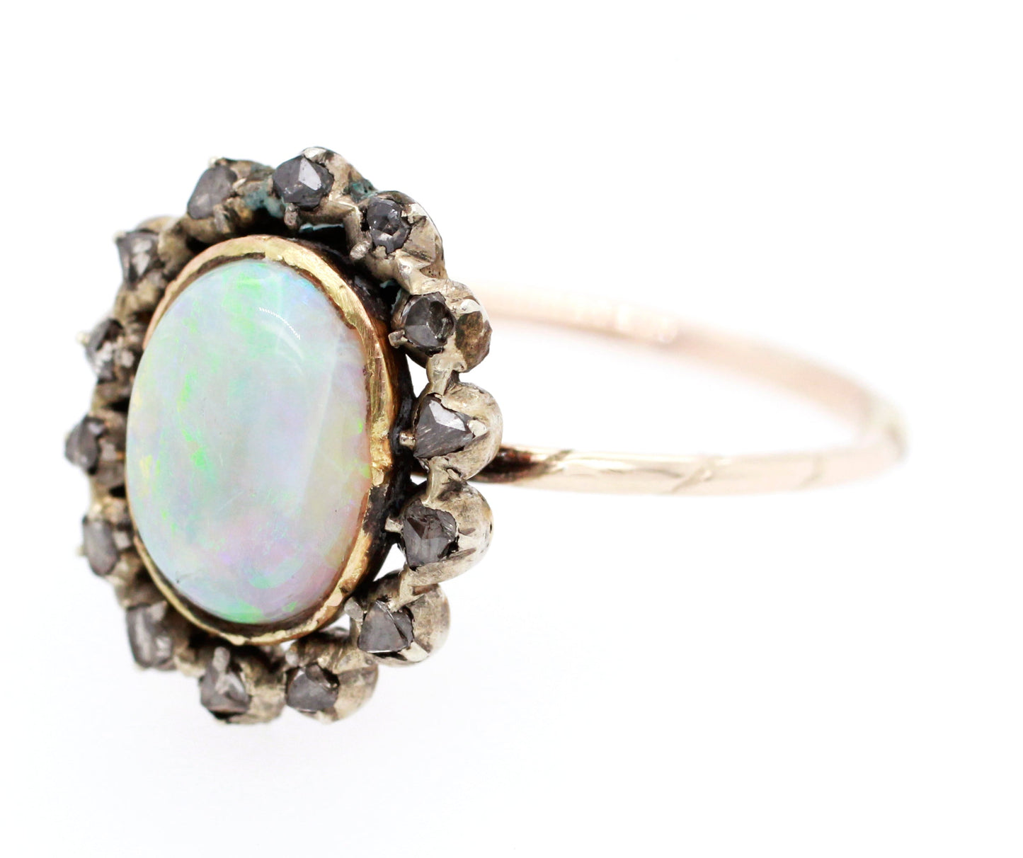 Antique Art Nouveau 0.75ct Precious Opal & Diamond Pin Conversion Ring 14k Yellow Gold