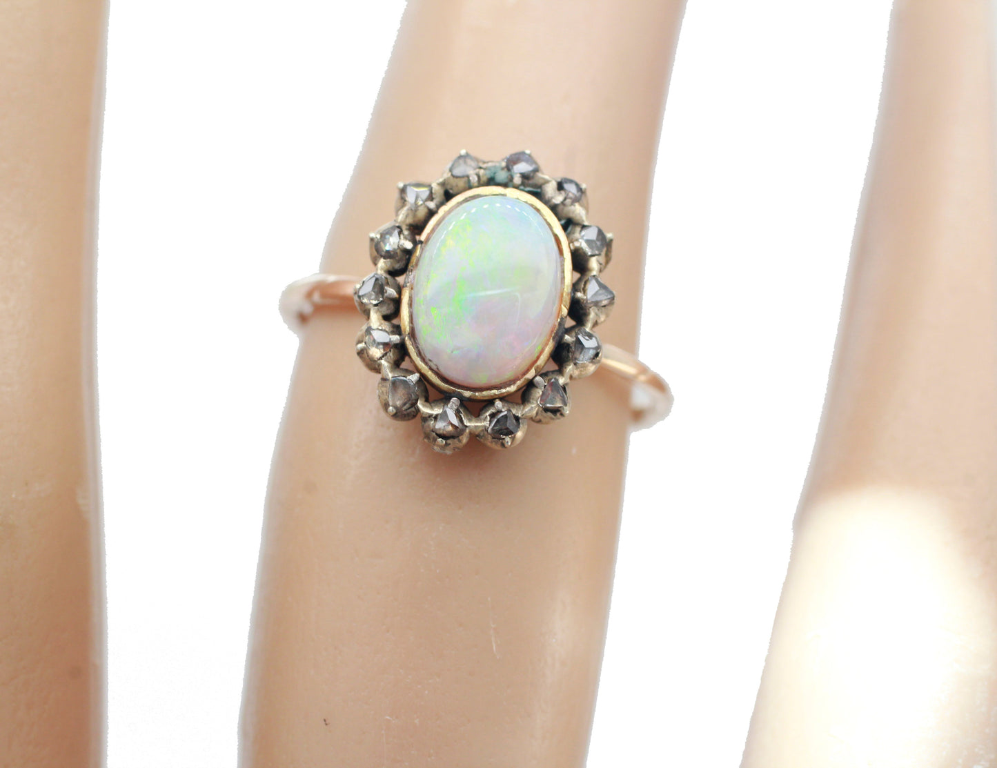 Antique Art Nouveau 0.75ct Precious Opal & Diamond Pin Conversion Ring 14k Yellow Gold