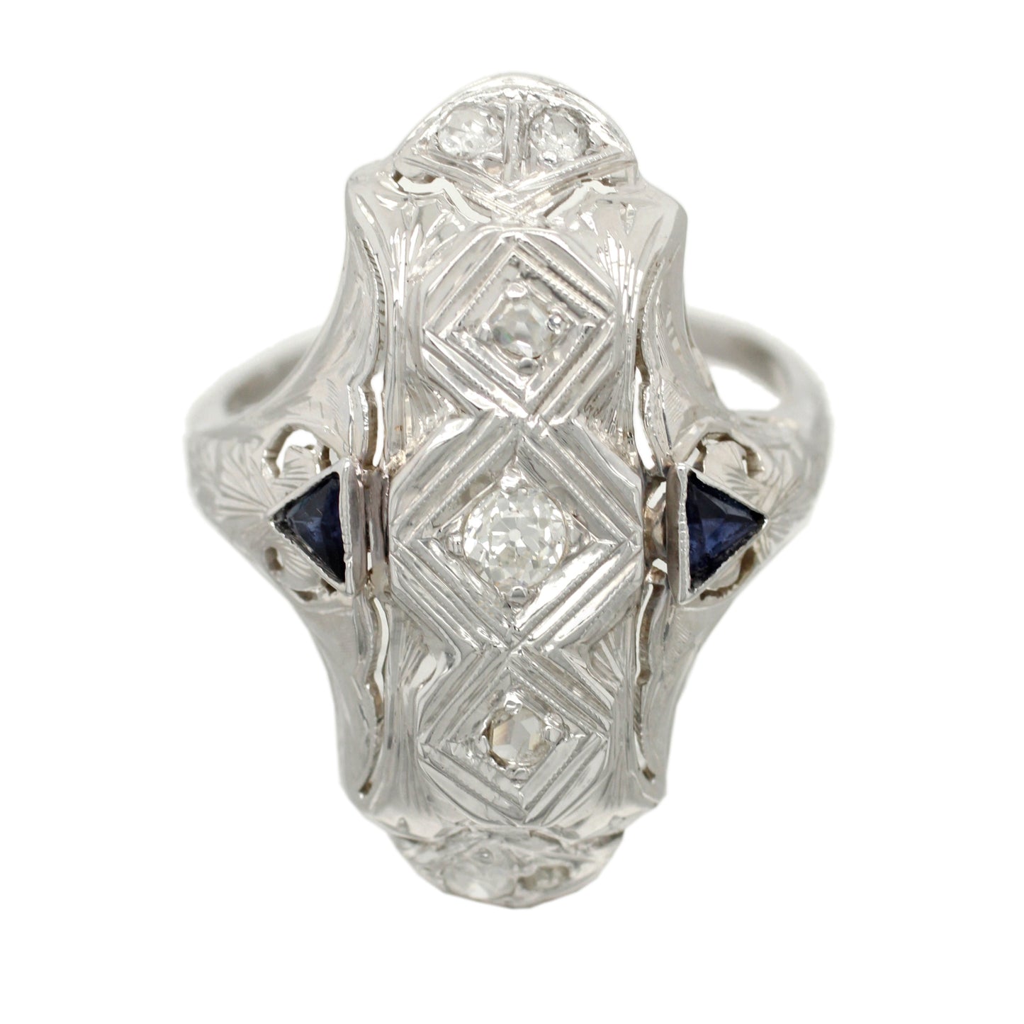 Antique Art Deco 0.40ctw Diamond & Sapphire Cocktail Ring in 18k White Gold