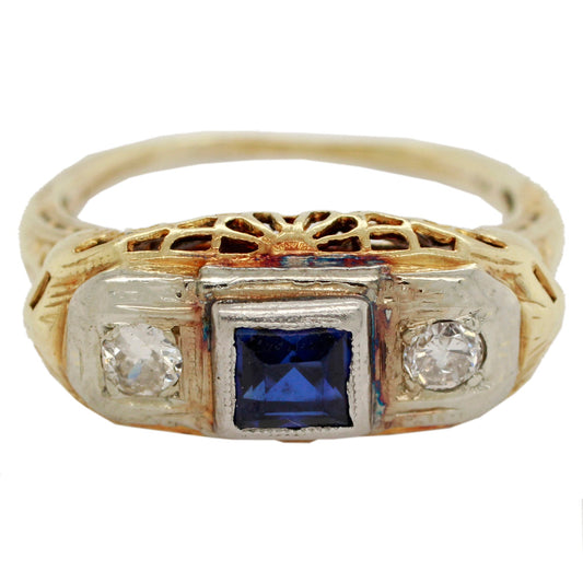 Antique Art Deco 0.30ctw Sapphire & Diamond Filigree Band Ring - 14k Yellow Gold