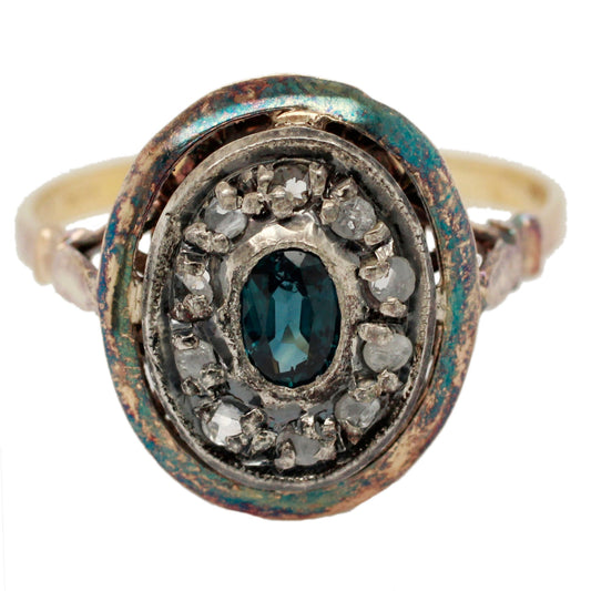 Antique Art Nouveau .05ctw Sapphire Diamond Oval Cocktail Ring - 18k Yellow Gold