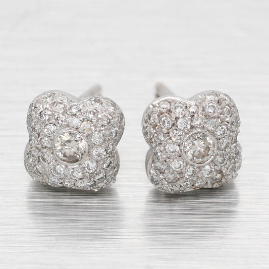 Vintage 1.00ctw Diamond Cluster Floral Clover Stud Earrings - 14k White Gold