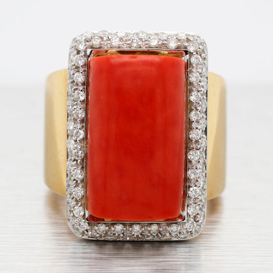 Gio Caroli Vintage Red Coral & 2.00ctw Diamond Cocktail Ring - 18k Yellow Gold