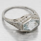Antique Art Deco Aquamarine Hexagon Band Ring - 18k White Gold Floral Motif