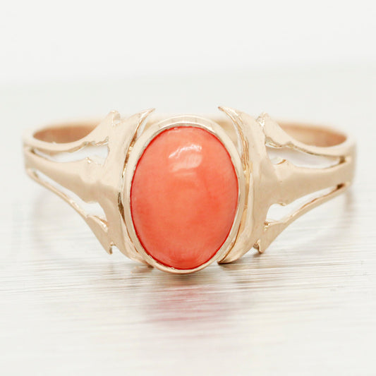 Antique Art Nouveau Angel Skin Coral Solitaire Ring - 14k Yellow Gold Size 8.75