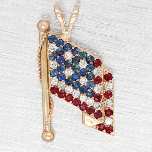 Vintage Ruby, Diamond, & Sapphire American Flag Charm - 14k Yellow Gold Pendant