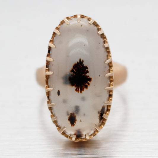 Antique Victorian Dendritic Chalcedony Cocktail Ring - 14k Yellow Gold