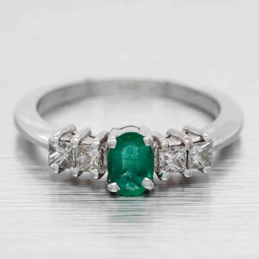Vintage Oval 0.25ct Emerald & Diamond Accent Engagement Ring - 14k White Gold