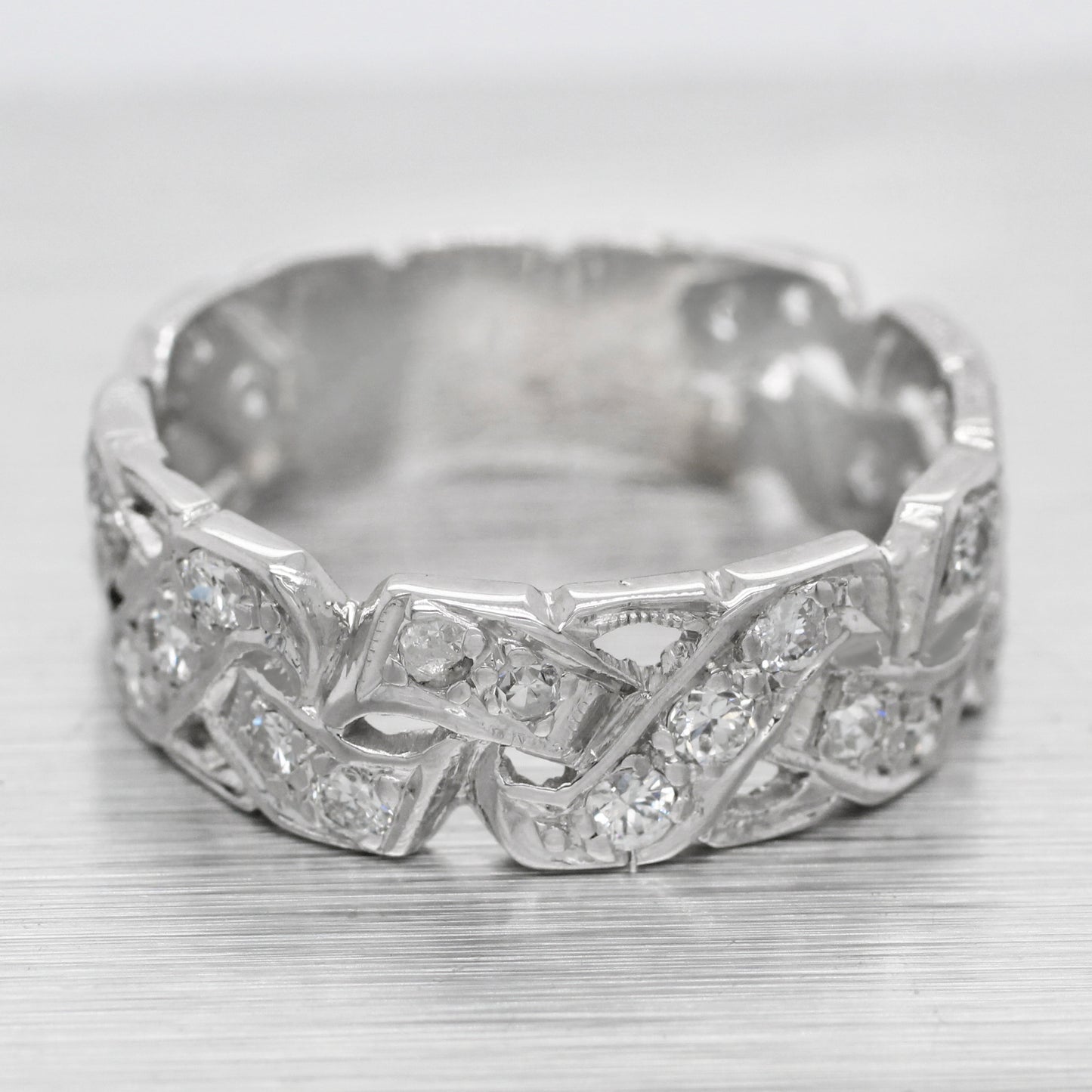 Antique Art Deco 1 ctw Diamond Braided Men's Wedding Band Ring - 14k White Gold