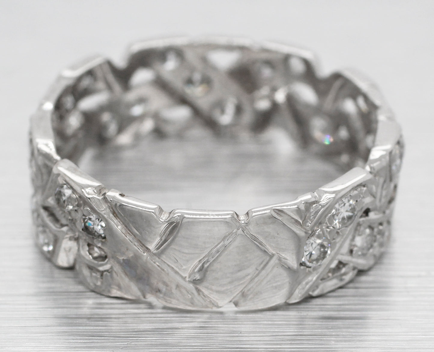 Antique Art Deco 1 ctw Diamond Braided Men's Wedding Band Ring - 14k White Gold