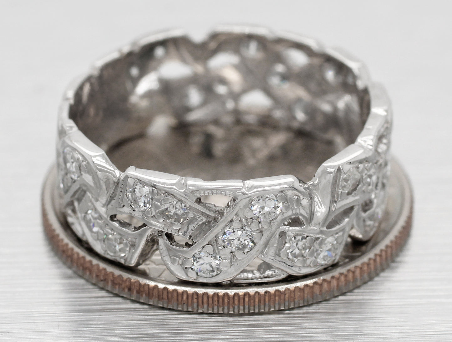 Antique Art Deco 1 ctw Diamond Braided Men's Wedding Band Ring - 14k White Gold