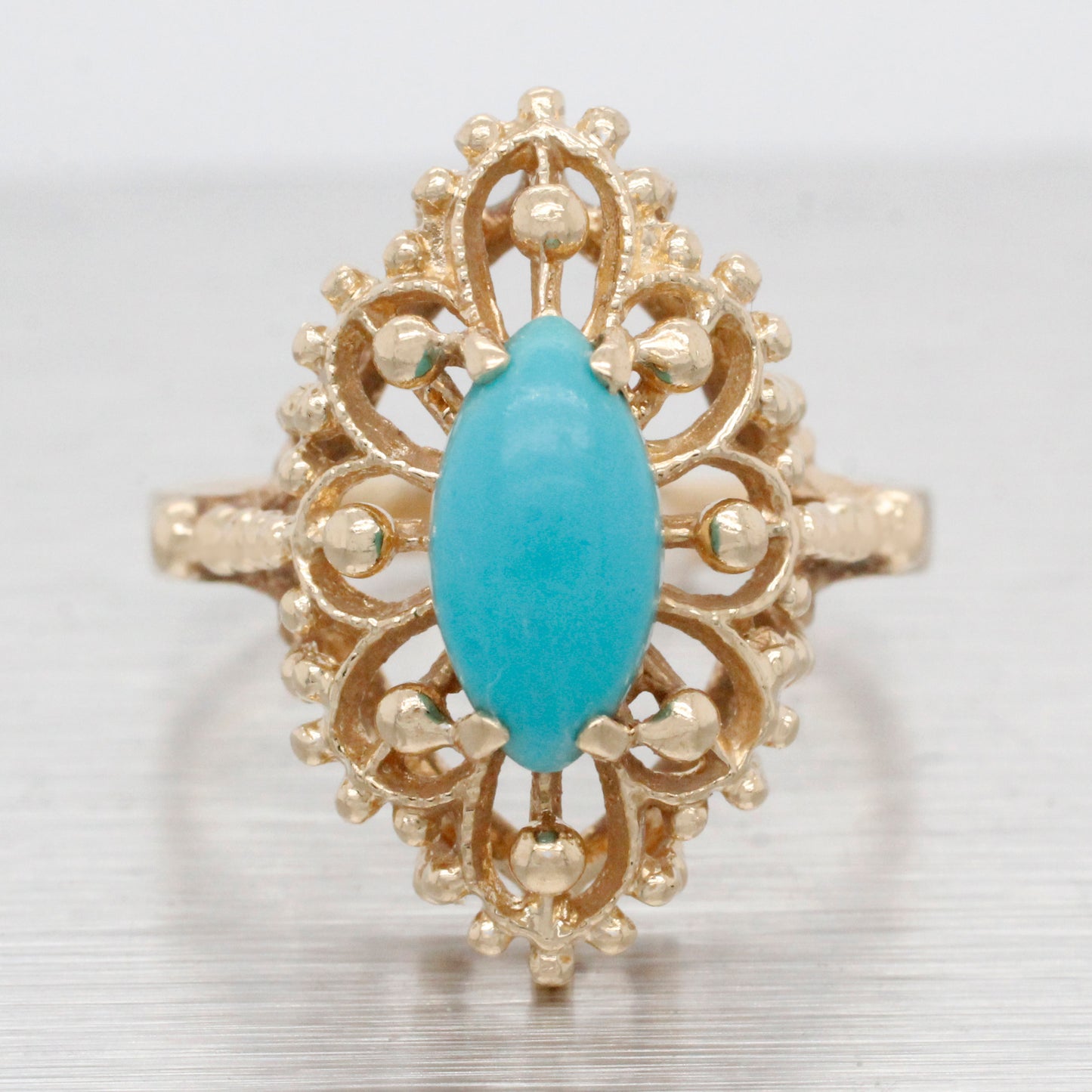 Vintage Marquise Cabochon Turquoise Cocktail Ring - 14k Yellow Gold - Size 5.75