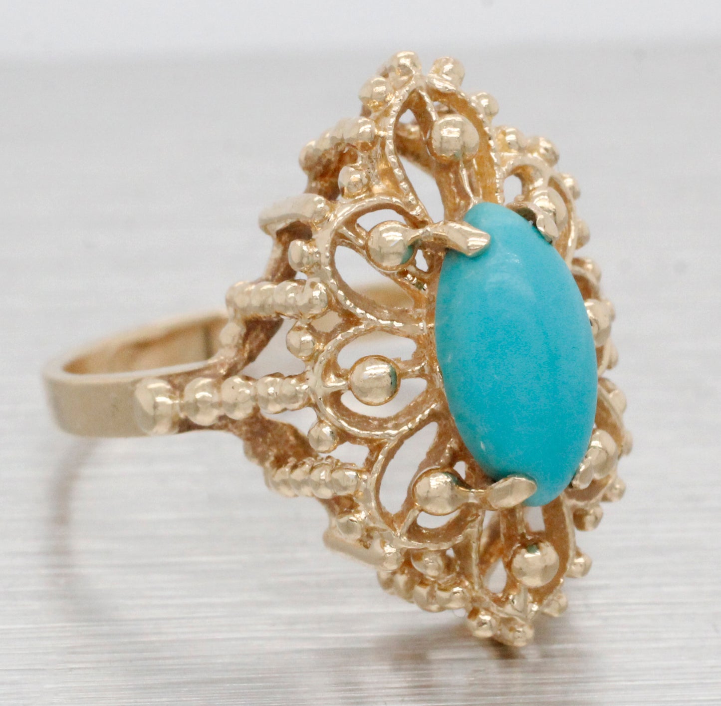 Vintage Marquise Cabochon Turquoise Cocktail Ring - 14k Yellow Gold - Size 5.75