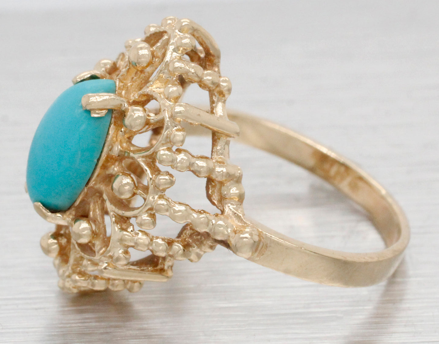 Vintage Marquise Cabochon Turquoise Cocktail Ring - 14k Yellow Gold - Size 5.75
