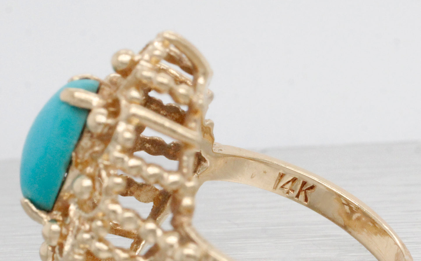 Vintage Marquise Cabochon Turquoise Cocktail Ring - 14k Yellow Gold - Size 5.75
