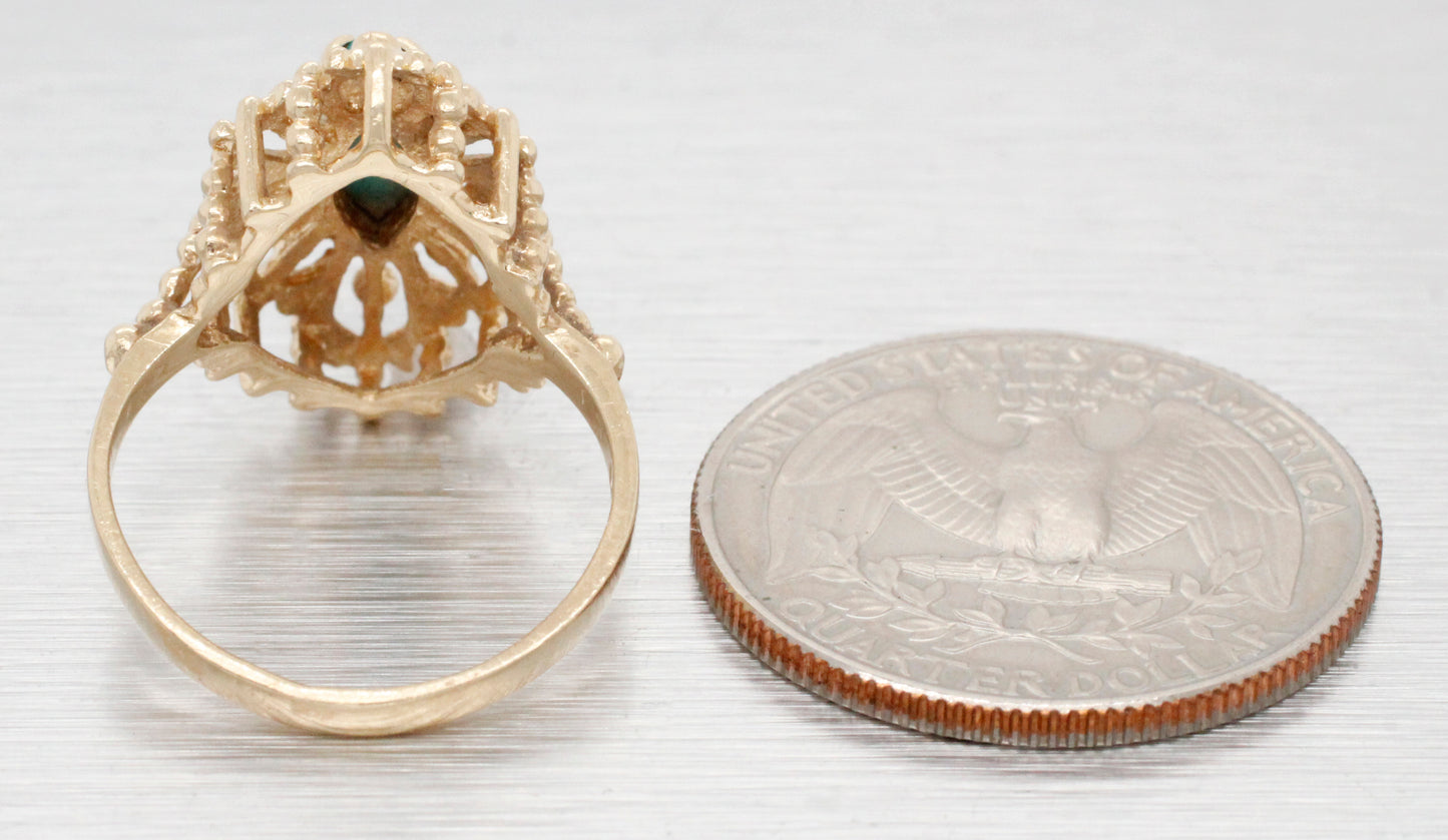 Vintage Marquise Cabochon Turquoise Cocktail Ring - 14k Yellow Gold - Size 5.75