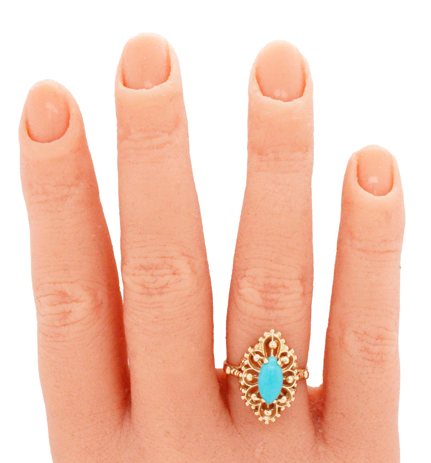 Vintage Marquise Cabochon Turquoise Cocktail Ring - 14k Yellow Gold - Size 5.75