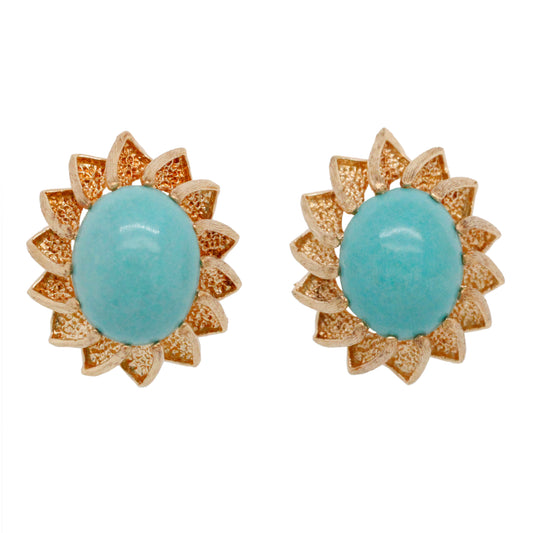Vintage Turquoise Cabochon Stud Earrings - 14k Yellow Gold