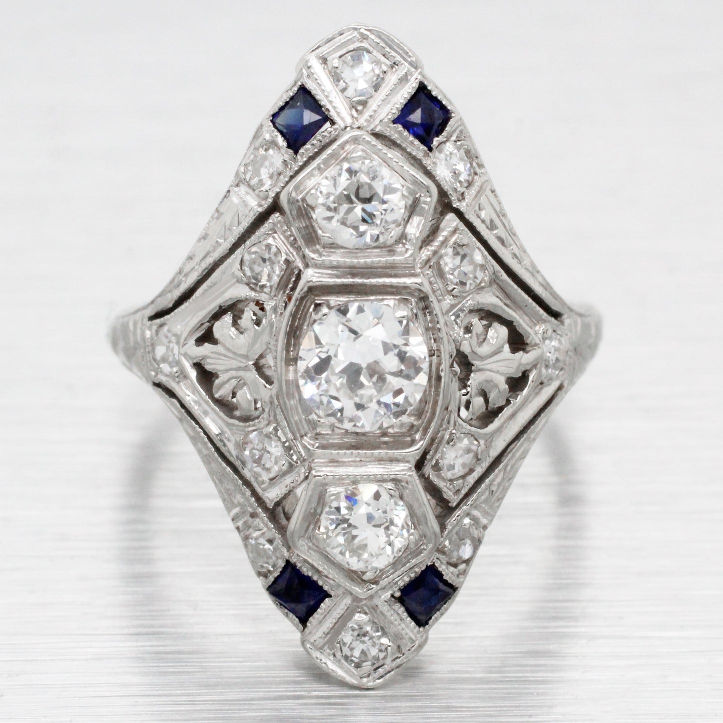 Antique Art Deco 1 ctw Diamond & Sapphire Marquise Cocktail Ring 14k White Gold