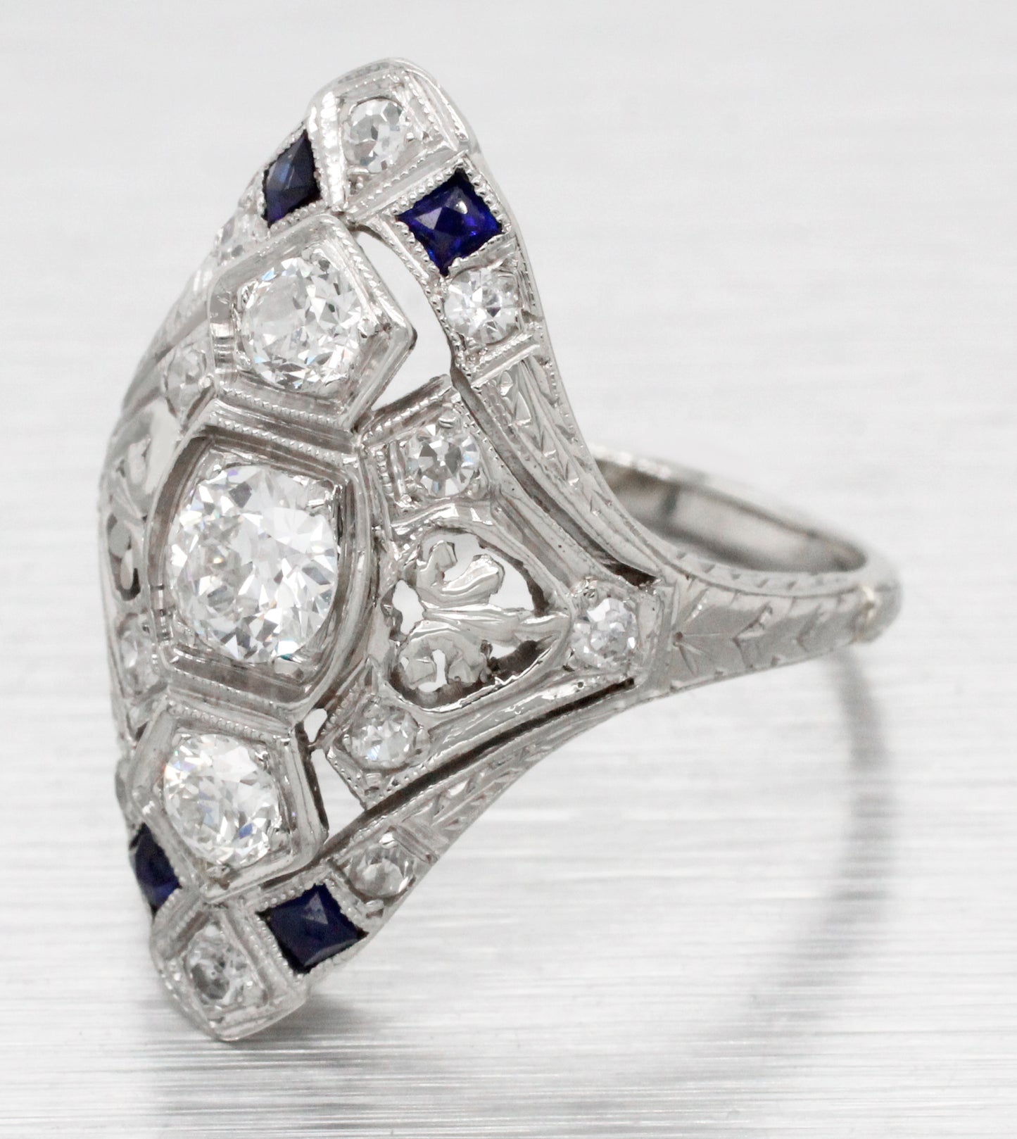 Antique Art Deco 1 ctw Diamond & Sapphire Marquise Cocktail Ring 14k White Gold