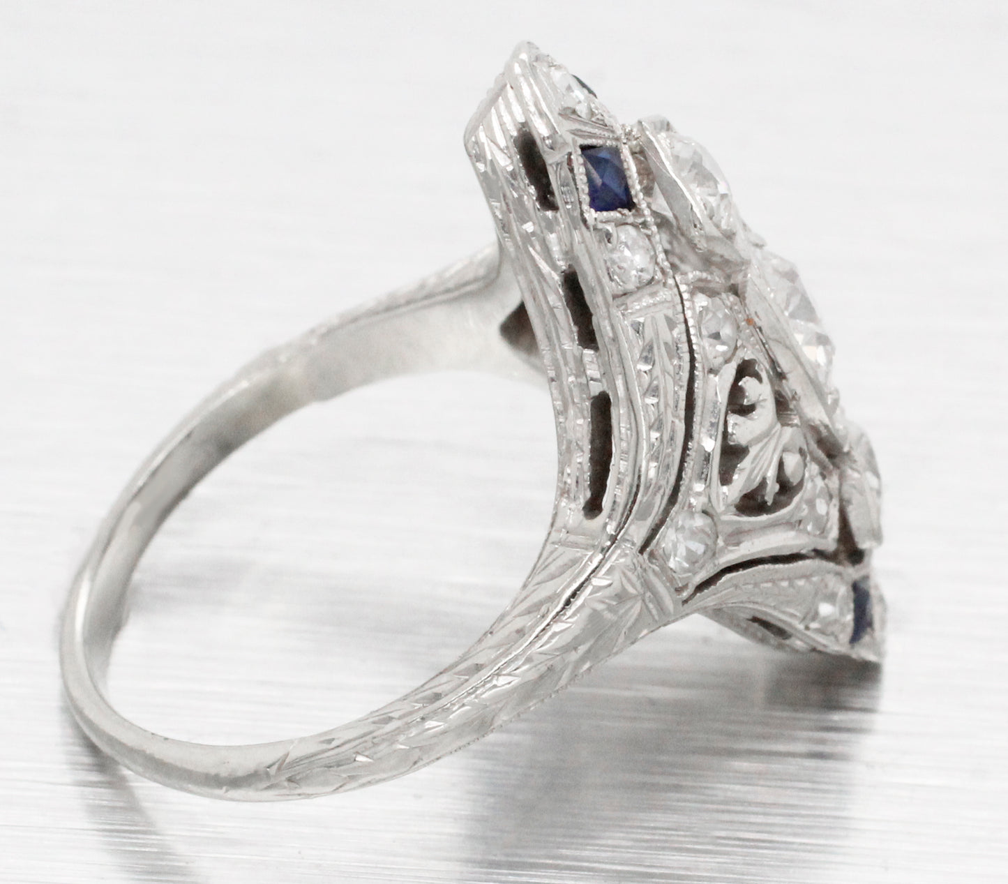 Antique Art Deco 1 ctw Diamond & Sapphire Marquise Cocktail Ring 14k White Gold