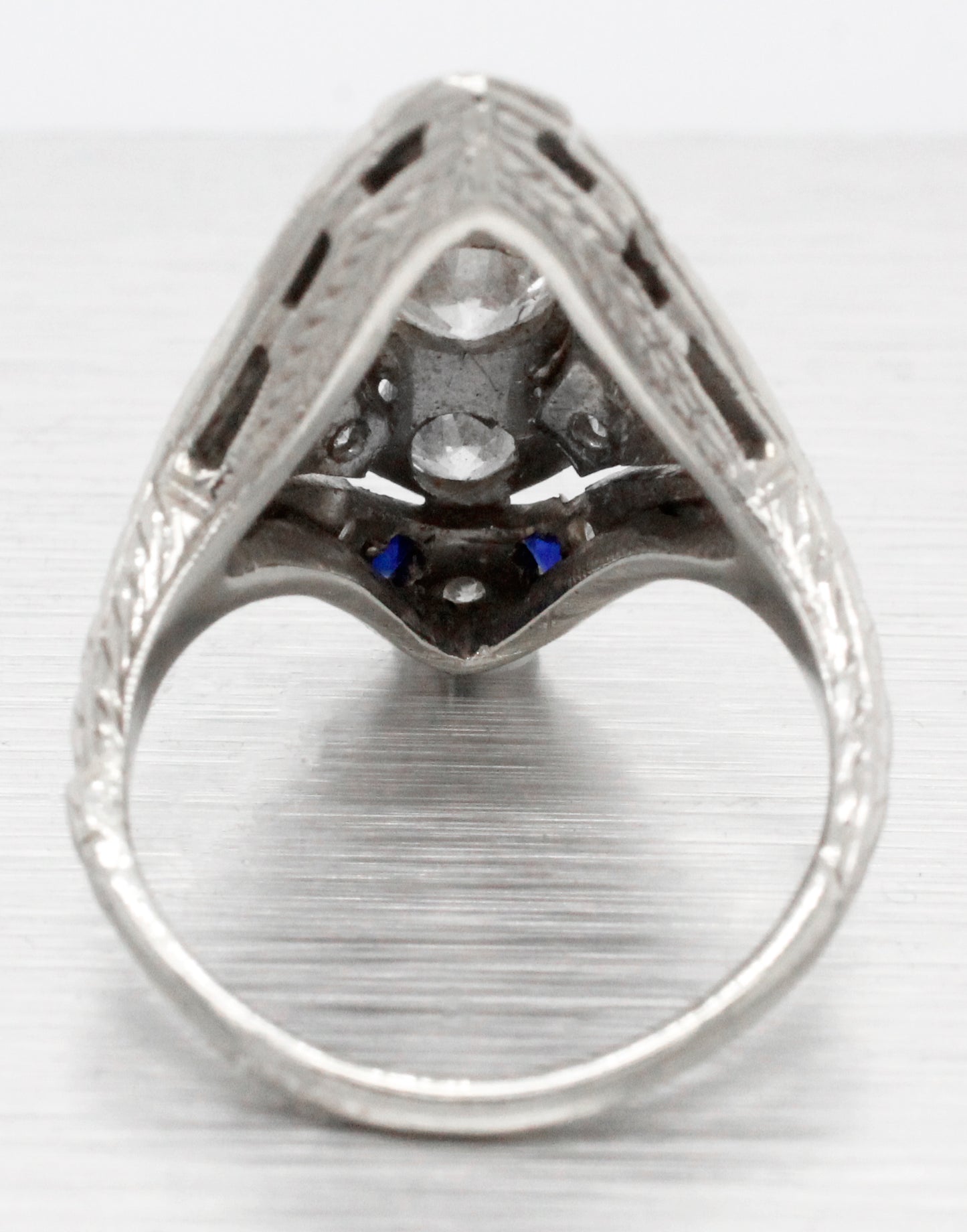 Antique Art Deco 1 ctw Diamond & Sapphire Marquise Cocktail Ring 14k White Gold
